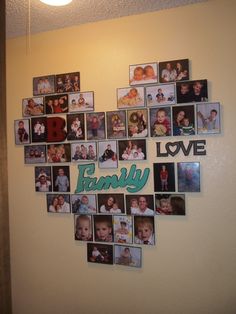 a heart made out of photos with the word family written on it in green lettering