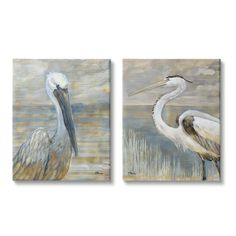 two paintings of pelicans on canvases one is white and the other is brown