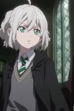 an anime character with white hair and green eyes wearing a school uniform in front of a stained glass window