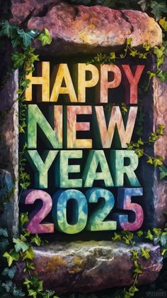 the words happy new year are made out of colorful letters and ivy growing around it