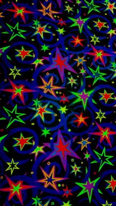 colorful stars and swirls on a black background