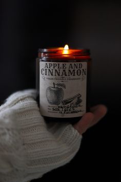 a hand holding an apple and cinnamon candle