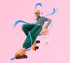 a man is flying through the air on roller skates in front of a pink background