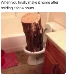 a toilet that has been turned into a tree stump in the middle of a bathroom