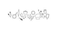 the word kitchen spelled out with utensils and cooking implements in black on a white background