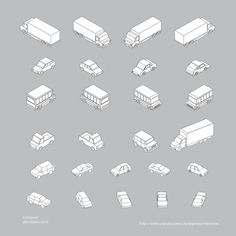 various types of cars and trucks are shown in this graphic art drawing technique, which is easy to draw