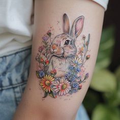 Modern Bunny Tattoo Sketches Colorful Bunny Tattoo, Bunny With Halo Tattoo, Bunny Tattoos With Flowers, Rabbit Butterfly Tattoo, Bunny Portrait Tattoo, Whimsical Tattoos, Love Is The Greatest