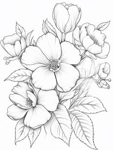 a bouquet of flowers with leaves and buds on a white background is drawn in pencil