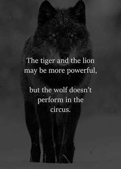 a black and white photo with a quote on it that says, the tiger and the lion may be more powerful, but the wolf doesn't perform in the circus