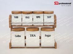 four tiered spice rack with six tea bags on each shelf, labeled'coffee'and'sugar '