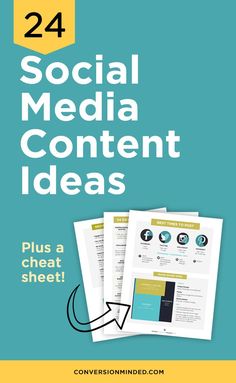 the cover of an ebook with text that reads, social media content ideas plus a great sheet