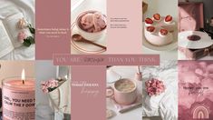 a collage of pink and white images with flowers, books, candles and other items