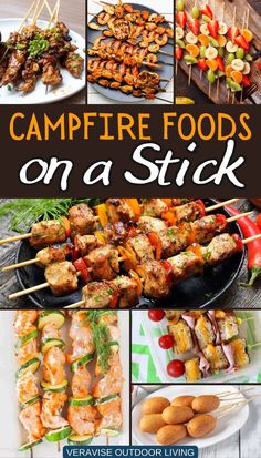 Campfire Foods On A Stick Camping Kabobs Skewers, Foods To Roast On Campfire, Food To Cook Over Campfire, Campfire Food On A Stick, Meals On A Stick, Chicken And Potato Kabobs, Campfire Skewers, Foods On A Stick, Marinated Beef Kabobs