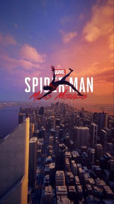 spider - man movie poster with cityscape in the foreground and sky background