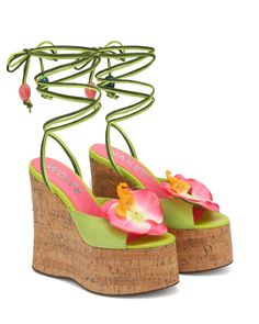 Sunflower Green Kid Suede Flower Platform Heels, Green Wedge Sandals For Spring Party, Yellow Platform Heels, Green Wedge Sandals For Summer Parties, Green Open Heel Wedge Sandals For Party, Green High Heel Wedge Sandals For Spring, Spring Green High Heel Wedge Sandals, Spring Green Wedge Heels, Pink And Green Clothes