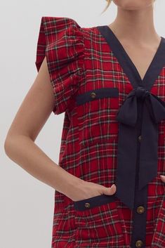 You'll love this Jingle Bell Plaid Tweed Dress! It's perfect for festive occasions and will have you jingling all night long! Get ready to slay in this playful Jingle Bell Plaid Dress! Featuring a plaid print, button-up front, and self-tie detail at the bust, this mini dress is sure to make a statement. With front pockets, ruffled sleeves, and a lightweight, non-sheer woven material, you'll feel both stylish and comfortable. Plus, it's lined for extra quality! Tartan Blouse, Barbour Women, Brunch Fashion, Red Plaid Dress, Feminine Details, Floral Cocktail Dress, Black Tie Dress, Long Sleeve Outerwear, Cute Rompers