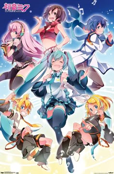 an anime poster with many women in different outfits and hair, all posing for the camera