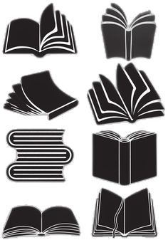 several different types of books are shown in black and white, including one with an open book