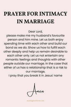 a poem written in black and white with the words prayer for intimacy in marriage