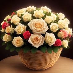 a basket filled with lots of white and red roses on top of a wooden table