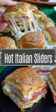 this is a collage of hot italian sliders with cheese and meat on them