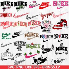 some different types of nike logos on a wooden background with the words swg png dxf eps - brings lv