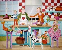 a painting of people cooking in a kitchen with dogs and cats on the counter top