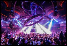 a large group of people at a concert with their hands in the air and lights on