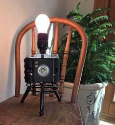 an old camera sitting on top of a wooden chair next to a potted plant