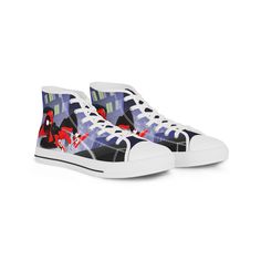 Men's High Top Miles Morales Spiderman Sneakers inspired by Into the Spiderverse movie. Made with breathable polyester canvas and PU leather decoration, featuring full wraparound Miles Morales design. Perfect for Spiderman fans and casual wear, great for comic con events and movie screenings. Product features - 100% polyester canvas with foamed lining for soft and comfortable wear - Metal eyelets for shoe laces - Pleather round toe for durability - EVA insole for shock absorption and flexibility The Spiderverse, Spiderman Sneakers, Spiderverse Movie, Into The Spiderverse, Leather Decoration, High Tops Sneakers, Miles Morales Spiderman, Book Gift, Leather Decor