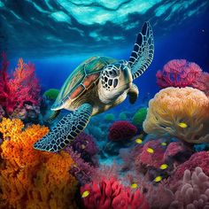 a sea turtle swimming over colorful corals in the ocean