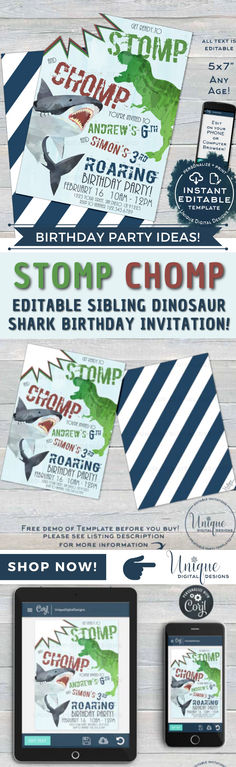 the shark birthday party flyer is displayed on a wooden table with other items in front of it