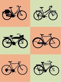 four different types of bicycles are shown in black and orange squares on an orange background