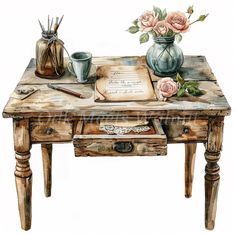 an old desk with writing and flowers on it