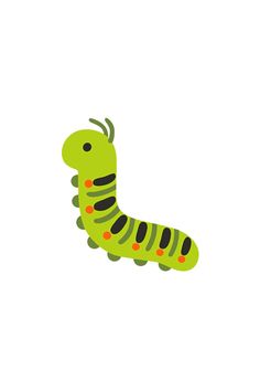 a green and black caterpillarl on a white background with orange dots around it