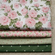 four pieces of fabric with pink roses on them and green polka doting around the edges