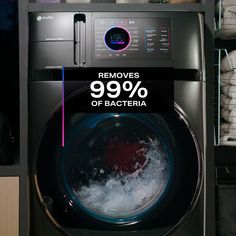 a washing machine with the words remove 99 % of bacteria