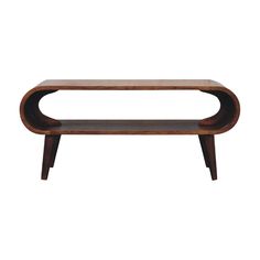 a wooden coffee table with an oval shaped shelf on the bottom and two curved legs