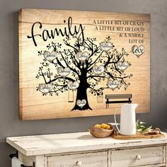 a family tree is hanging on the wall next to a table with fruit and coffee