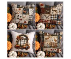 four different pictures of pillows and pumpkins