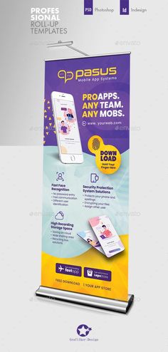 a roll up banner with an image of a cell phone on it and the text, pro