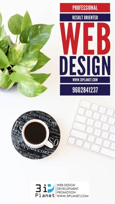 a cup of coffee next to a keyboard and mouse on a white desk with the words web design above it