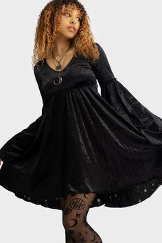 Coma Star Mini Dress | Killstar Higher Being, Star Mini Dress, Stars Artwork, Bat Sleeves Dress, Witchy Clothes, October Fashion, Goth Clothing, Witchy Fashion