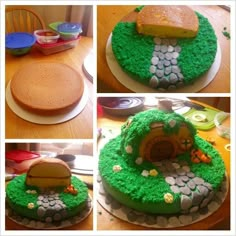 there is a birthday cake made to look like a hobbit hole in the ground