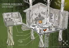 an illustrated drawing of a house in the woods with its contents on it's table