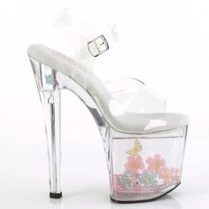 8" High Heel, 3 3/4" Platform Clear Butterfly Glitter Shoes. Bottom Infused With Flowing Liquid. Floating Holographic Glitter Hearts, Pink Flowers And Butterflies. Hcne-708aqua-01 Clear Butterfly, Clear High Heels, Butterfly Shoes, Glitter High Heels, Japan Woman, Linear Design, Gogo Boots, Costume Shoes, Aerial Yoga