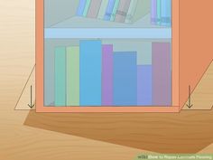 an open book shelf with books on it and arrows pointing up to the top one