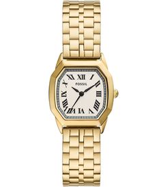 From Fossil&#x2C; this women's watch features:Gold stainless steel bracelet and caseCream dial 2 pusher fold over clasp closureQuartz three-hand movementBand width approx. 16mmCase size approx. 27mmCase thickness approx. 8.2mmInner Circumference: 175 /- 5mmWater Resistance: 5 ATM2-year limited warrantyImported. Cartier Watches Women, Thomas Sabo Ring, Thomas Sabo Bracelet, Fossil Watches Women, Classy Watch, Gold Watches Women, Blue Topaz Bracelet, Tanzanite Earrings, Watch For Women