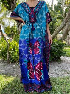 Womens Kaftan Maxi Dress Royal Va-va Blue Printed Kaftan | Etsy Bohemian Clothing For Women, Boho Hippie Pants, Doors Vintage, Beach Coverups, Bohemian Clothes Women