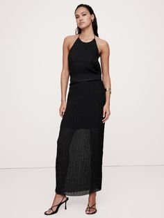 This maxi skirt is designed to stun with a timeless column silhouette, cut from a semi-sheer crinkle fabric we love for its luxurious texture.  High rise, column fit.  Elastic waist with invisible side zip.  Lined to mini length.  High rise, column fit.  Maxi length.  Model: Size S, 5'10" (178cm). Chic Party Maxi Dress With Lined Skirt, Crinkle Fabric, Silhouette Cut, Bottom Clothes, Side Zip, Women Clothes Sale, Banana Republic, Maxi Skirt, Elastic Waist